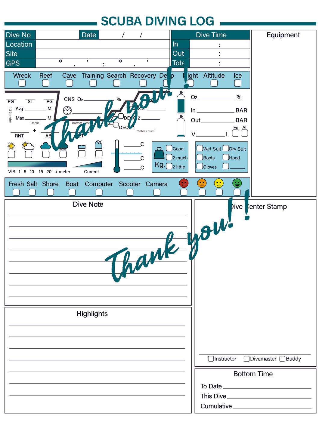 Printable Digital Scuba Diving Journal Logbook Notebook Page Metric Format