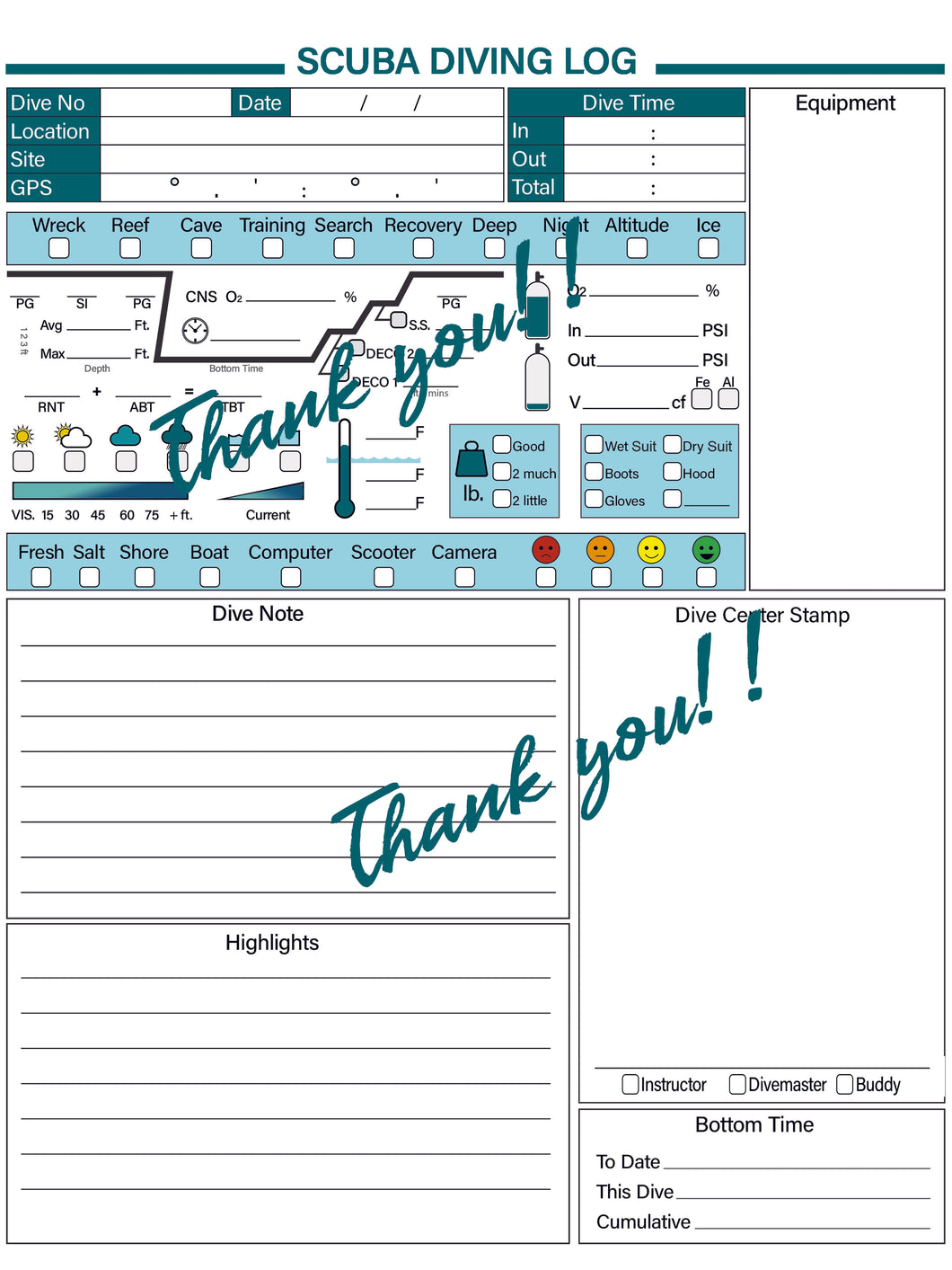 Printable Digital Scuba Diving Journal Logbook Notebook Page